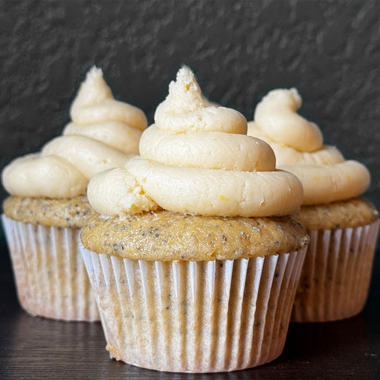 Poppy Seed Sherry Cupcakes w/ Lemon Frosting (4pk)